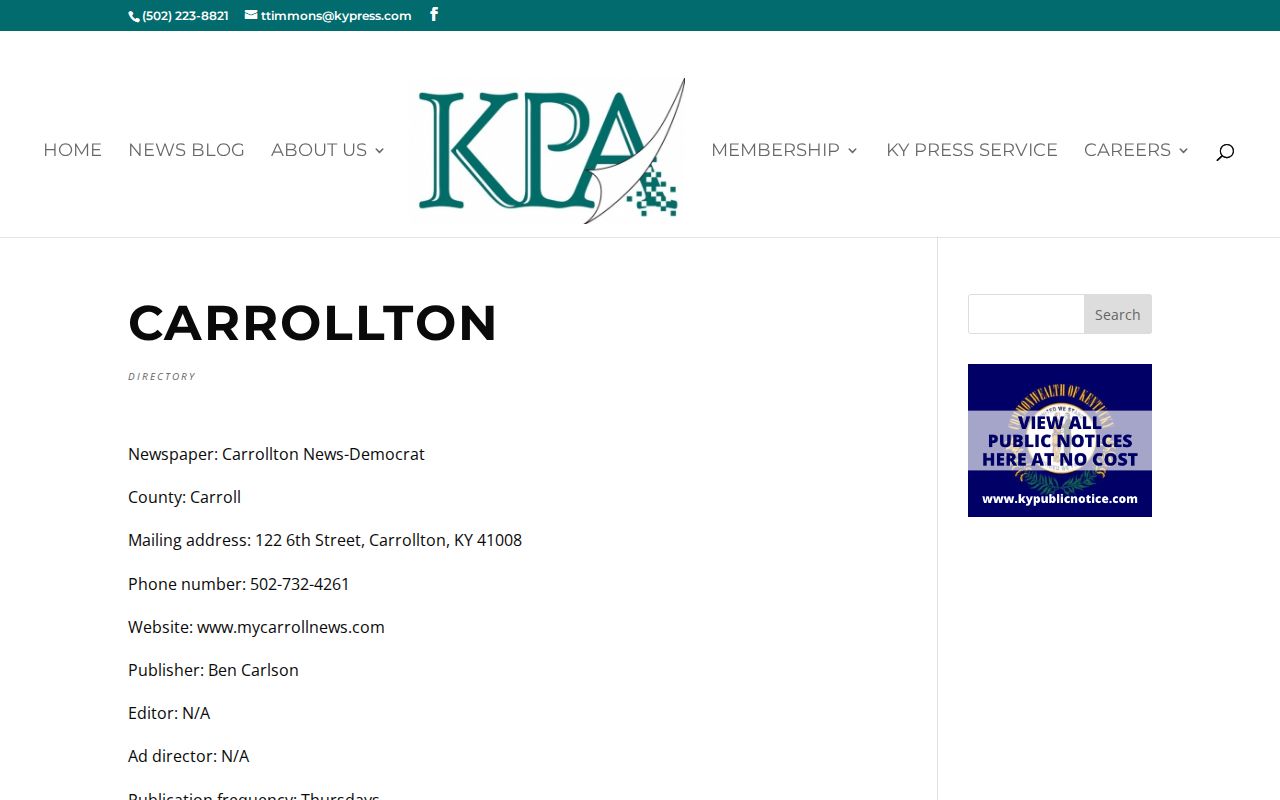 Kentucky Press Association listing for the Carrollton News-Democrat